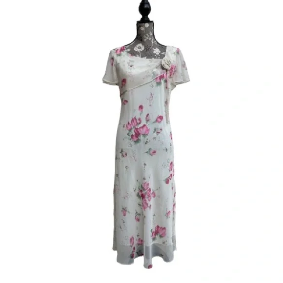 Dressbarn Women' 8 Ivory Cream Pink Floral Chiffon Short Sleeve Maxi Dress - Picture 1 of 16